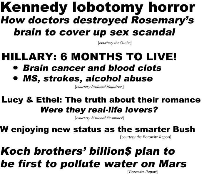 lobotomy horror, how doctors destroyed Rosemary's brain to cover up sex scandal (Globe); Hillary: 6 months to live! brain cancer and blood clots, MS, strokes, alcohol abuse (Enquirer); Lucy & Ethel: The truth about their romance, were they real life lovers? (Examiner); W enjoying new status as the smarter Bush (Borowitz); Koch brothers' billion$ plan to be first to pollute water on Mars (Borowitz)