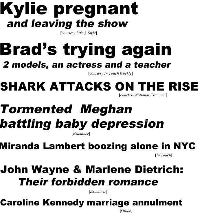 Kylie pregnant, and leaving the show (Life & Style); Brad's trying again, 2 models, an actress and a teacher (In Touch Weekly); Shark attacks on the rise (National Examiner); Tormented Meghan battling baby depression (Examiner); Miranda Lambert booxing alone in NYC (In Touch); John Wayne & Marlene Dierich: Their forbidden reomance (Examiner); Caroline Kennedty annulment (Globe)