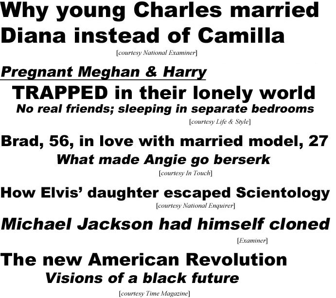 hed20093.jpg Why young Charles married Diana instead of Camilla (Examiner); Pregnant Meghan & Harry trapped in their lonely world, no real friends, sleeping in separate bedrooms (Life & Style); Brad, 56, in love with married model, 27; what made Angela go berserk (In Touch); How Elvis' daughter excaped Scientology (Enquirer); Michael Jackson had himself cloned (Examiner); The new American Revolution, visions of a black future (Time)