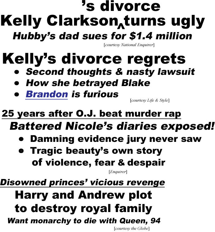 hed20104.jpg Kelly Clarkson's divorce turns ugly, hubby's dad sues for $1.4 million (Enquirer); Kelly's divorce regrets, 2nd thoughts & nasty lawsuit, how she betrayed Blake, Brandon is furious (Life & Style); 25 years after O.J. beat murder rap, battered Nicole's diaries exposed!, damning evidence jury never saw, tragic beauty's own story of violnce, fear & despair (Enquirer); Disowned princes' vicious revenge, Harry and Andrew plot to destroy royal family, want monarchy to die with Queen, 94 (Globe)