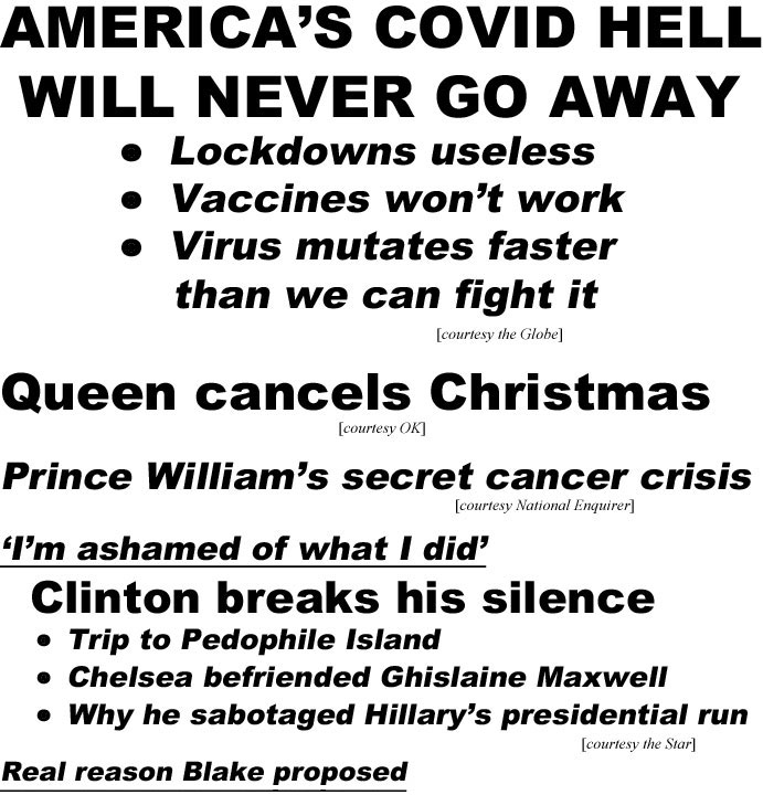 hed20123 America's covid hell will never go away, lockdowns useless, vaccines won't work, virus mutates faster than we can fight it (Globe); Queen cancels Christmas (OK); Prince William's secret cancer crisis (Enquirer); I'm ashame of what I did, Clinton breaks his silence, trip to Pedophile Island, Chelsea befriended Ghislaine Maxwell, why he sabotaged Hillary's presidential run (Star); Real reason Blake proposed, Gwen pregnant at 51 (Enquirer)