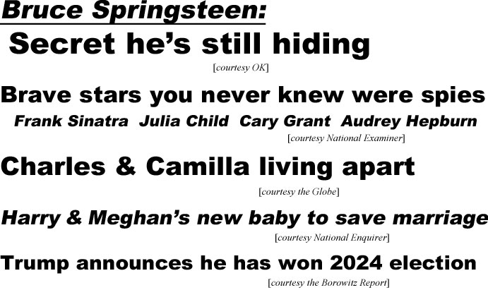 hed21031.jpg Bruce Springsteen: Secret he's still hiding (OK); Brave stars you never knew were spies, Frank Sinatra, Julia Child, Cary Grant, Audrey Hepburn (Examiner); Charles & Camilla living apart (Globe); Harry & Meghan's new baby to save marriage (Enquirer); Trump announces he has won 2024 election (Borowitz)