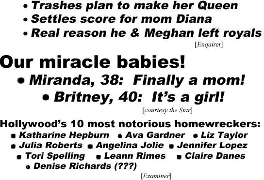 hed220522.jpg Exposing family lies in new book, Harry's bitter revenge on Camilla, trashes plan to make her Queen, settles score for mom Diana, real reason he & Meghan left royals (Enquirer); Our miracle babies! Miranda, 38, finally a mom! Britney, 40, It's a girl! (Star); Hollywood's 10 most notorious homewreckers, Katharine Hepburn, Ava Gardner, Liz Taylor, Julia Roberts, Angelina Jolie, Jennifer Lopez, Tori Spelling, Leann Rimes, Claire Danes, Denise Richards (???) (Examiner)