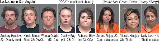 hestilow.jpg Locked up in San Angelo ("CCA" = credit card abuse) (by the Tom Green County, Texas, Sheriff): Zachary Hestilow, 22, deadly cond.; Nicole Bimbo Bilbo, 36, DWOL; Wanda Qualls, 57, c.s.; Destiny Bagwell, 23, DUI; Rebecca Blevins, 23, CCA; Surena Rojas, 22, cont. substances; Alessia Hinojos, 31, theft; Nelly Lara, 41, theft, c. subst.