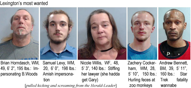 horndash.jpg Lexington's most wanted: Brian Horndasch, WM, 49, 6'2", 195 lbs., impersonating B Woods; Samuel Levy, WM, 20, 6'0", 198 lbs, amish impersonation; Nicole Willis, WF, 48, 5'3", 140 lbs, stiffing her lawyer (she hadda get Gary); Zacheery Cockerham, WM, 28, 5'10", 150 lbs, hurling feces at zoo monkeys; Andrew Bennett, BM, 39, 5'11", 160 lbs, Star Trek fatality wannabe (pulled kicking and screaming from the Herald-Leader)