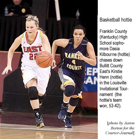 Basketball hottie: Franklin County (Kentucky) High School sophomore Dasia Kilbourne (hottie) chases down Bullitt County East's Kirstie Henn (nottie) in the Louisville Invitational Tournament (the hottie's team won, 53-42) (photo by Aaron Borton for the Courier-Journal)