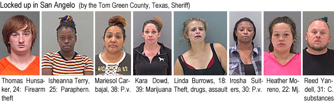 hunsaker.jpg Locked up in San Angelo (by the Tom Green County, Texas, Sheriff): Thomas Hunsaker, 24, firearm theft; Isheanna Terry, 25, paraphern.; Mariesol Carbajal, 38, p.v.; Kara Dowd, 39, marijuana; Linda Burrows, 18, theft, drugs, assault; Irosha Suiters, 30, p.v.; Heather Moreno, 22, mj.; Reed Yandell, 31, c. substances