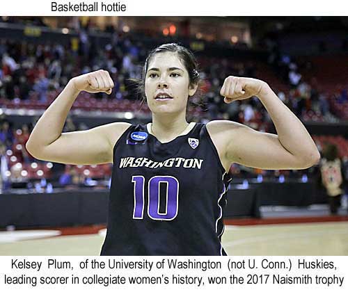 huskette.jpg Basketball hottie: Kelsey Plum, of the University of Wahington (not U. Conn.) Huskies, leading scorer in women's collegiate history, won the 2017 Naismith trophy