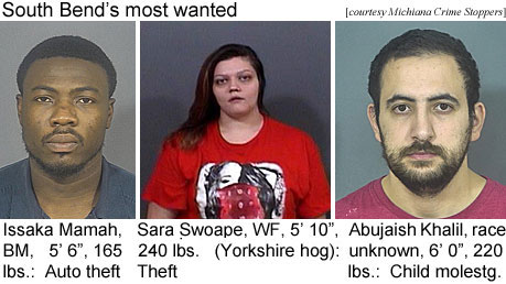 issakama.jpg South Bend's most wanted: Issaka Mamah, BM, 5'6", 165 lbs, auto theft; Sara Swoape, WF, 5'10", 240 lbs (Yorkshire hog), theft; Abujaish Khalil, race unknown, 6'0", 220 lbs, child molesting (Michiana Crime Stoppers)