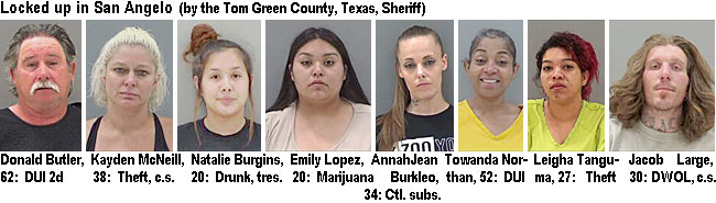 jjacoblrg.jpg Locked up in San Angelo (by the Tom Green County, Texas, Sheriff): Donald Butler, 62, DUI 2d; Kayden McNeill,38, theft, c.s.; Natalie Burgins, 20, drunk, tres.; Emily Lopez, 20, marijuana; Annahjean Burkleo, 34, ctl. subs.; Towanda Northan, 52, DUI; Leigha Tanguma, 27, theft; Jacob Large, 38, DWOL, c.s.