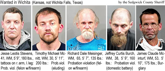 jaleotis.jpg Wanted in Wichita (Kansas, not Wichita Falls, Texas) by the Sedgwick County Sheriff: Jesse Leotis Stevens, WM, 41, 5'9", 180 lbs, tattoos on r. arm, l. leg, prob. viol. (felon w/firearm); Timothy Michael Mcnitt, WM, 30, 5'11", 200 lbs, prob. viol. (eluding); Richard Dale Meisinger, WM, 65, 5'7", 135 lbs, probation violation (felon w/firearm); Jeffery Curtis Burch, WM, 38, 5'9", 160 lbs, probation viol. (domestic battery); James  Claude Mcinturf, WM, 53, 5'10", 175 lbs, burglary