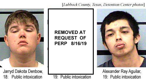 Jarryd Dakota Denbow, 18; Christian Ross Tann, 19, Alexander Ray Aguilar, 19, all public intoxication (Lubbock County, Texas, Detention Center photos)