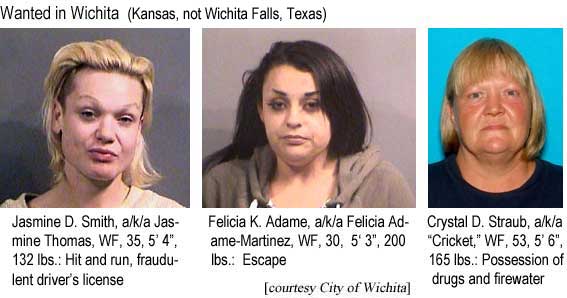 Wanted in Wichita (Kansas, not Wichita Falls, Texas): Jasmine D. Smith, a/ki/a Jasmine Thomas, WF, 35, 5'4", 132 lbs, hit & run, fraudulent driver's license; Felicia K. Adame, a/k/a Felicia Adame-Martinez, WF, 30, 5'3", 200 lbs, escape; Crystal D. Straub, a/k/a "Cricket," WF, 53, 5'6", 165 lbs, possession of drugs and firewater (City of Wichita)