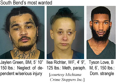 jaylengr.jpg South Bend's most wanted: Jaylen Green, BM, 5'10", 150 lbs, neglect of dependent w/serious injury; Ikea Richter , WF, 4'9",125 lbs, meth, paraph.; Tyson Love, 6', 150 lbs., dom. strangle (Michiana Crime Stoppers Inc.)