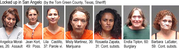 jeankort.jpg Locked up in San Angelo (by the Tom Green County, Texas, Sheriff): Angelica Morales, 26, assault; Jean Kort, 49, poss.; Lila Castillo, 37, parole vi.; Misty Martinez, 36, marijuana; Rosaelia Zapata, 31, cont. substs.;Endla Tipton, 60, burglary; Barbara LaSater, 59, cont. substs.