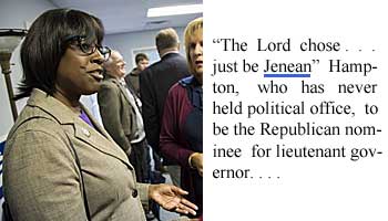 "The Lord chose . . . just be Jenean" Hampton, who has never held political office, to the the Republican nominee for lieutenant governor (Courier-Journal)