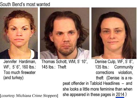 South Bend's most wanted: Jennifer Hardiman, WF, 5'6", 160 lbs, too much firewater (and turkey); Thomas Schott, WM, 5'10", 145 lbs, theft; Denise Culp, WF, 5'8", 135 lbs, community corrections violation, theft (Denise is a repeat offender in Tabloid Headlines - and she looks a little more feminie than when she appeared in these pages in 2014) (Michiana Crime Stoppers)