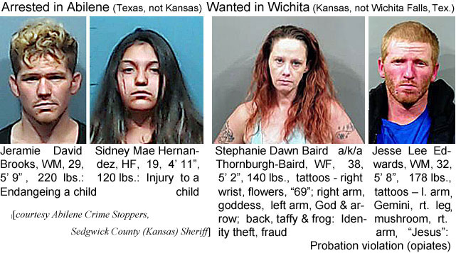 jeramier.jg Arrested in Abilene (Texas, not Kansas): Jeramie David Brooks, WM, 29, 5'9", 220 lbs,endangering a child; Sidney Mae Hernandez, HF, 19, 4'11", 120 lbs, injury to a child; Stephanie Dawn Baird a/k/a Thronburgh-Baird, WF, 38, 5'2", 140 lbs, tattoos - right wrist, flowers, "69"; right arm, goddess, left arm, God & arrow; back, taffy & frog, identity theft, fraud; Jesse Lee Edwards, WM, 32, 5'8", 178 lbs, tattoos- l. arm Gemini, rt. leg mushroom rt. arm "Jesus", probation violation (opiates) (Abilene Crime Stoppers, Sedgwick County (Kansas) Sheriff)