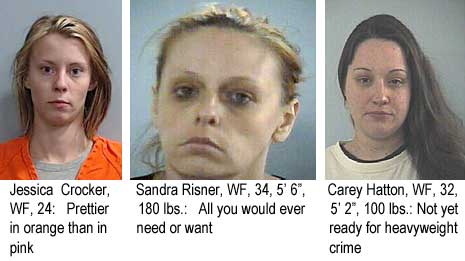 jessian.jpg Jessica Crocker, WF, 24, prettier in orange than in pink; Sandra Risner, WF, 34, 5'6", 180 lbs, all you would ever need or want; Carey Hatton, WF, 32, 5'2", 100 lbs, not yet ready for heavyweight crime