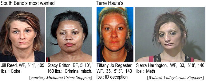 jillreed.jpg South Bend's most wanted: Jill Reed, WF, 5'1", 105 lbs, coke; Stacy Britton, BF, 5'10", 160 lbs, criminal misch (Michiana Crime  Stoppers); Terre Haute's: Tiffany Jo Regester, WF, 35, 5'3", 140 lbs, ID deception; Sierra Harrington, WF, 33, 5'8" 140 lbs, meth (Wabash Valley Crime Stoppers)