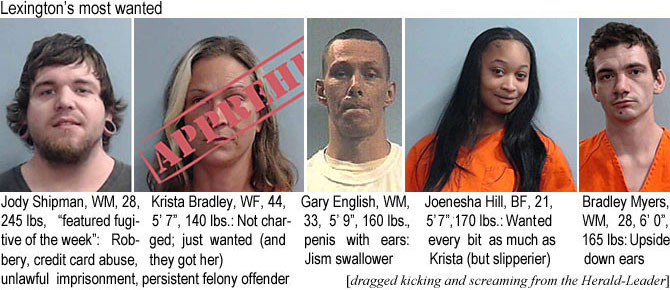 joenesha.jpg Lexington's most wanted: Jody Shipman, WM, 28, 245 lbs, "featured fugitive of the week," robbery, credit card abuse, unlawful imprisonment, persistent felony offender; Krista Bradley, WF, 44, 5'7", 140 lbs; not charged, just wanted (and they got her); Gary English, WM, 33, 5'9", 160 lbs., penis with ears, jism swallowing; Joenesha Hill, BF, 21,5'7", 170 lbs; wanted every bit as much as Krista (but slipperier); Bradley Myers, WM, 28, 6'0", 165 lbs, upside down ears (dragged kicking and screaming from the Herald-Leader)