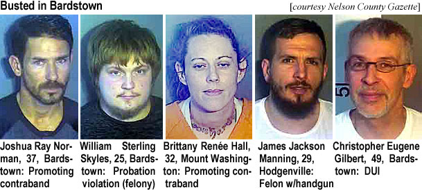 joshuara.jpg Busted in Bardstown (Nelson County Gazette): Joshua Ray Norman, 37, Bardstown, promoting contraband; Willaim Sterling Skyles, 25, Bardstown, probation violation (felony); Brittany Renée Hall, 32, Mount Washington, promoting contraband; James Jackson Manning, 29, Hodgenville, felon w/handgun; Christopher Eugene Gilbert, 49, Bardstown, DUI