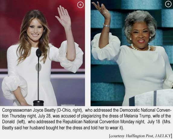 Congresswoman Joyce Beatty (D-Ohio, right), who addressed the Democratic National Convention Thursday night, July 28, was accused of plagiarizing the dress of Melania Trump, wife of the Donald (left), who addressed the Republican National Conventon Monday night, July 18 (Mrs. Beatty said her husband bought her the dress and told her to wear it). (Huffington Post, JAELKY)