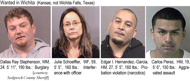 juliesch.jpg Wanted in Wichita (Kansas, not Wichita Falls, Texas): Dallas Ray Stephenson, WM, 24, 5'11", 190 lbs, burglary; Julie Schoeffer, WF, 59, 5'5", 160 lbs, interference with officer; EdgarI. Hernandez-Garcia, HM, 27, 5'5", 160 lbs, probation violation (narcotics); Carlos Perez, HM, 19, 5'6", 150 lbs, aggravated assault (Sedgwick County Sheriff)