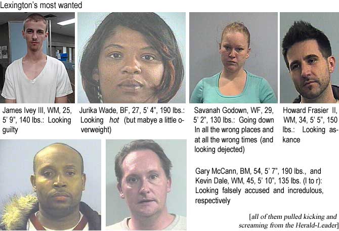 jurisava.jpg Lexington's most wanted: James Ivey III, WM, 25, 5'9", 140 lbs, looking guilty; Jurika Wade, BF, 27, 5'4", 190 lbs, looking hot (but maybe a little overweight), Savanah Godown, WF, 29, 5'2", 130 lbs, going down in all the wrong places and at all the wrong times (and looking dejected); Howard Frasier II, WM, 34, 5'5", 150 lbs, looking askance; Gary McCann, BM, 54, 5'7", 190 lbs, and Kevin Dale, WM, 45, 5'10", 135 lbs, looking falsely accuased and incredulous, respectively (all pulled kicking and screaming from the Herald-Leader)