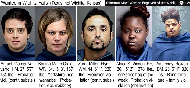 kariinam.jpg Wanted in Wichita Falls (Texas,not Wichita, Kansas; Texoma's most wanted fugitives of the week): Miguel Garcia-Navarro, HM, 27, 5'7", 184 lbs, probation viol. (contrr. substs.); Karina Marie Craig, WF, 34, 5'3", 167 lbs., Yorkshire hog wannabe, probation viol. (robbery); Zack Miller Flynn, WM, 44, 6'1", 220 lbs, probation violation (contr. subs.); Africa S. Vinson, BF, 26, 5'2", 278 lbs, Yorkshire hog of the week, probation violation (obstruction);  Anthoney Bowen, BM, 23, 6'1", 320 lbs, bond forfeiture – family viol.