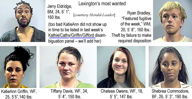 Lexington's most wanted: Jerry Eldridge, BM, 24, 6'1", 160 lbs; Ryan Bradley, featured fugitive of the week, WM, 20, 5'8", 160 lbs, theft by failure to make required disposition; KatieAnn Griffin, WF, 25, 5'5", 140 lbs; Tiffany Davis, WF, 34, 5'4", 150 lbs; Chelsea Owens, WF, 18, 5'5", 147 lbs; Shebrea Commodore, BF, 26, 5'3", 190 lbs; too bad KatieAnn did not show up in time to be listed in last week's Kathie/Cathy/Griffin/Gifford disambiguation panel, we'll add her (Herald-Leader)