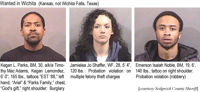 keganjam.jpg Wanted in Wichita (Kansas, not Wichita Falls, Texas): Kegan L. Parks, BM, 30, a/k/a Timothy Mac Adams, Kegan Lemondez, 6'0", 165 lbs, tattoos "EST '88," left hand, "Ariel" & "Parks Family," chest, "God's gift," right shoulder, burglary; Jamielea Jo Shaffer, WF, 28, 5'4", 120 lbs, probation violation on multiple felony charges; Emerson Isaiah Noble, BM, 19, 6', 140 lbs, tattoo on right shoulder, probation violation (robbery) (Sedgwick County Sheriff)