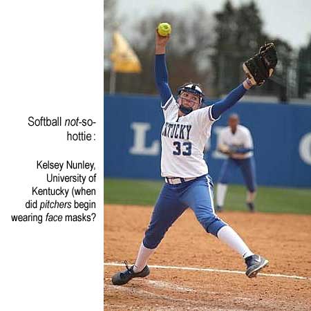 Softball not-so-hottie: Kelsey Nunley, University of Kentucky (when did pitchers begin wearing face masks?)