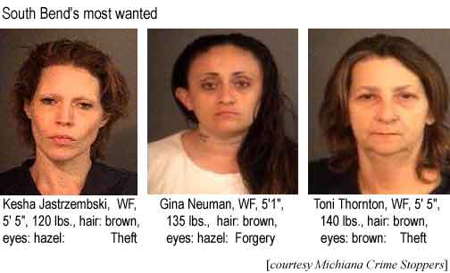 South Bend's most wanted: Kesha Jastrzembski, WF, 5'5", 120 lbs, hair brown, eyes hazel, Theft; Gina Neuman, WF, 5'1", 135 lbs, hair brown, eyes hazel, Forgery; Toni Thornton, WF, 5'5", 140 lbs, hair brown, eyes brown, Theft (Michiana Crime Stoppers)