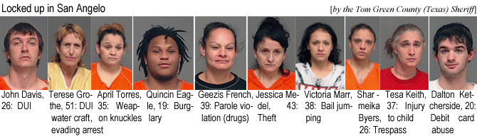 ketchers.jpg Locked up in San Angelo (by the Tom Green County Sheriff): John Davis, 26, DUI; Terese Grothe, 51, DUI water craft, evading arrest; April Tomes, 35, weapon knuckles; Quincin Eagle, 19, burglary; Geezis French, 39,, parole violation (drugs); Jessica Medel, 43, theft; Victoria Marr, 38, bail jumping; Sharmeika Byers, 26, trespass; Tesa Keith, 37, injury to child; Dalton Ketcherside, 20, debit card abuse