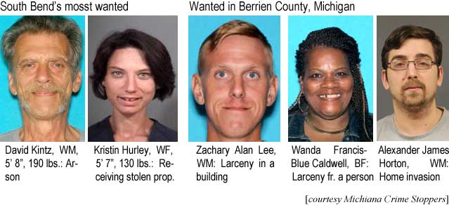 kintzkis.jpg South Bend's most wanted: David Kintz, WM, 5'8", 190 lbs, arson; Kristin Hurley, WF, 5'7", 130 lbs, receiving stolen prop.; Wanted in Berrien County, Michigan: Zachary Alan Lee, WM, larceny in a building; Wanda Francis-Blue Caldwell, BF, larceny from a person; Alexander James Horton, WM, home invasion (Michiana Crime Stoppers)