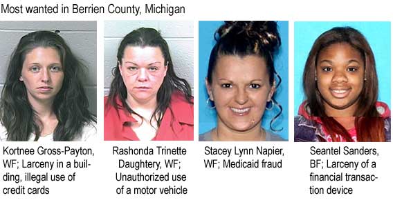 Most wanted in Berrien County, Michigan: Kortnee Gross-Payton, WF, Larceny in a building, unauthorized use of credit cards; Rashonda Trinette Daughtery, WF, Unauthorized use of a motor vehicle; Stacey Lynn Napier, WF, Medicaid fraud; Seantel Sanders, BF, Larceny of a financial transaction device