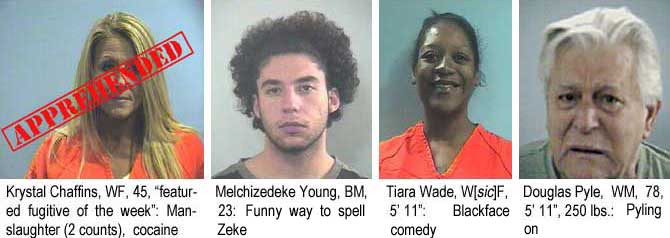 krysdoug.jpg Krystal Chaffins, WF, 45, "featured fugitive of the week," manslaughter (2 counts, cocaine); Melchizedeke Young, BM, 23, funny way to spell Zeke; Tiara Wade, W[sic]F, 5'11", blackface comedy; Douglas Pyle, WM, 78, 5'11", 250 lbs, Pyling on