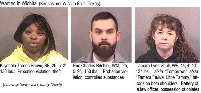 kryshela.jpg Wanted in Wichita (Kansas, not Wichita Falls, Texas): Kryshela Teresa Brown, BF, 26, 5'2", 130 lbs, probation violation, theft; Eric Charles Ritchie, WM, 25, 5'9", 150 lbs, probation violation, controlled substances; Tamar Lynn Shull, WF, 44, 4'10", 127 lbs, a/k/a "Tomorrow," a/k/a "Tamera," a/k/a "Little Tammy," tattoos on both shoulders, battery of a law officer, possession of opiates (Sedgwick County Sheriff)