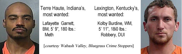 lafaykol.jpg Terre Haute Indiana's most wanted: Lafayette Garrett, BM, 5'9", 180 lbs, meth; Lexington Kentucky's most wanted: Kolby Burdine, WM, 5'11", 180 lbs, robbery, DUI (Wabash Valley, Bluegrass Crime Stoppers)