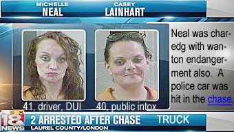 laurels2.jpg 2 arrested after chase truck, Michelle Neal, 41, driver, DUI, Casey Lainhart, 40, public intox., Neal was charged with wanton endangerment also; a police car was hit in the chase (LEX18)