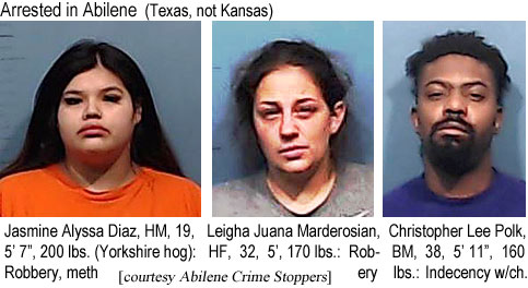 leighaju.jpg Arrested in Abilene (Texas, not Kansas): Jasmine Alyssa Diaz, HM, 19, 5'7", 200 lbs (Yorkshire hog), robbery, meth; Leigha Juana Marderosian, HF, 32, 5',170 lbs, robbery; Christopher Lee Polk, BM, 38, 5'11", 160 lbs, indecency w/ch. (Abilene Crime Stoppers)