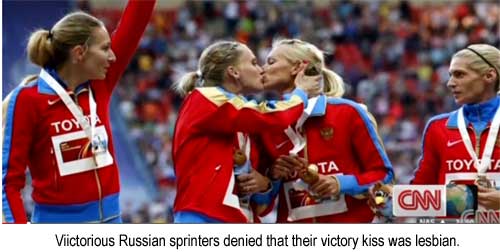 Victorious Russian sprinters denied that their victory kiss was lesbian
