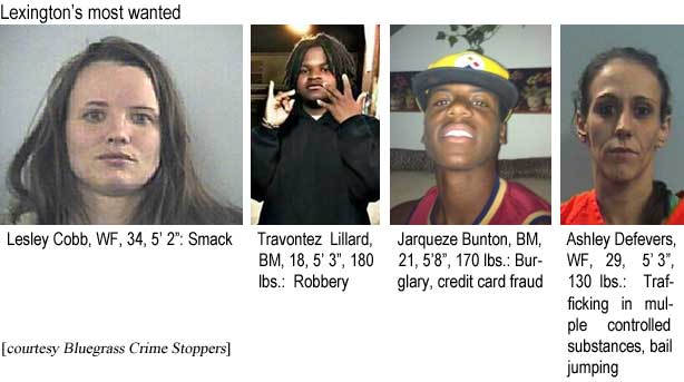 lestrave.jpg Lexington's most wanted: Lesley Cobb, WF, 34, 5'2", smack; Travontez Lillard, BM, 18, 5'3", 180 lbs, robbery; Jaraqueze Bunton, BM, 21, 5'8", 170 lbs, burglary, credit card fraud; Ashley Defevers, WF, 29, 5'3", 130 lbs, trafficking in mutiple controlled substances, bail jumping (courtesy Bluegrass Crime Stoppers)