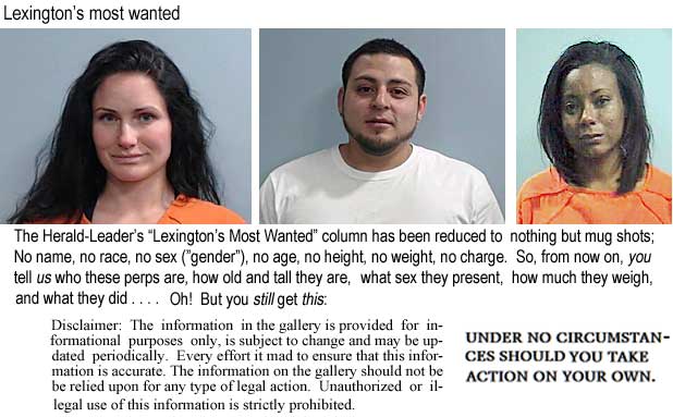 leximost.jpg Lexington's most wanted: The Herald-Leader has reduced its "Lexington's Most Wanted" column to nothing but mug shots – no name, no race, no sex ("gender"), no age, no height, no weight, no charge. So, from now on, you tell us who these perps are, how old and tall they are, how much they weigh, what sex they present, and what they did . . . . Oh! But you still get this: "Disclaimer: The information in the gallery is provided for informational purposes only, is subject to change and may be updated periodically. Every effort is made to ensure that this information is accurate. The information on the gallery should not be relied upon for any type of legal action. Unauthorized or illegal use of this information is strictly prohibited. UNDER NO CIRCUMSTANCES SHOULD YOU TAKE ACTION ON YOUR OWN