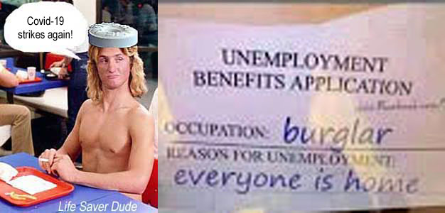 lifeburg.jpg Unemployment benefits application, occupation burglar, reason for unemployment, "everyone is home" Life Saver Dude: Covid-19 strikes again!