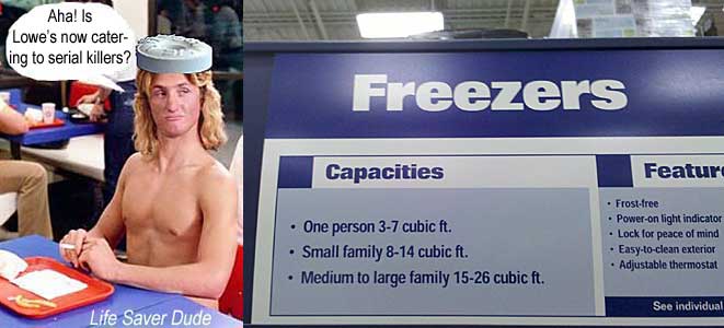 lifelowe.jpg Freezers: Capacities: One person 3-7 cubic ft., small family 8-14 cubic ft., medium to large family 15-25 cubic ft.; LIfe Saver Dude: Aha! Is Lowe's now catering to serial killers?