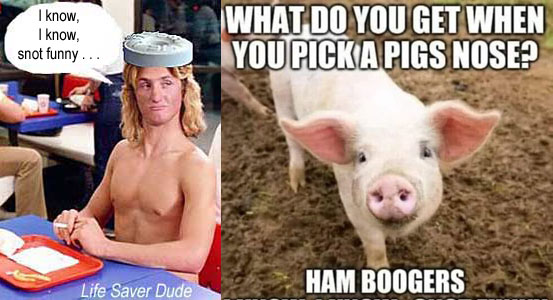 lifesnot.jpg What do you get when you pick a pig's nose? Ham boogers Life Saver Dude: I know, I know, snot funny
