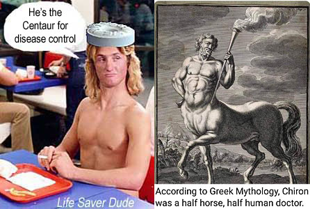 lifetaur.jpg According to Greek mthology, Chiron was a half horse, half human doctor Life Saver Dude: He's the Centaur for disease control