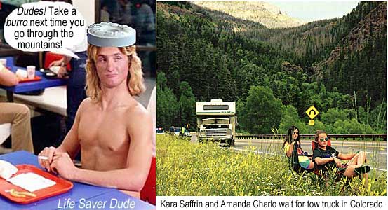 lifetowt.jpg Life Saver Dude: Dudes! Take a burro next time you go through the mountains (Kara Saffrin and Amanda Charlo wait for tow truck in Colorado)